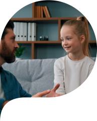 Caucasian man parent father psychologist talk to little cute kid girl teach small child of youth generation