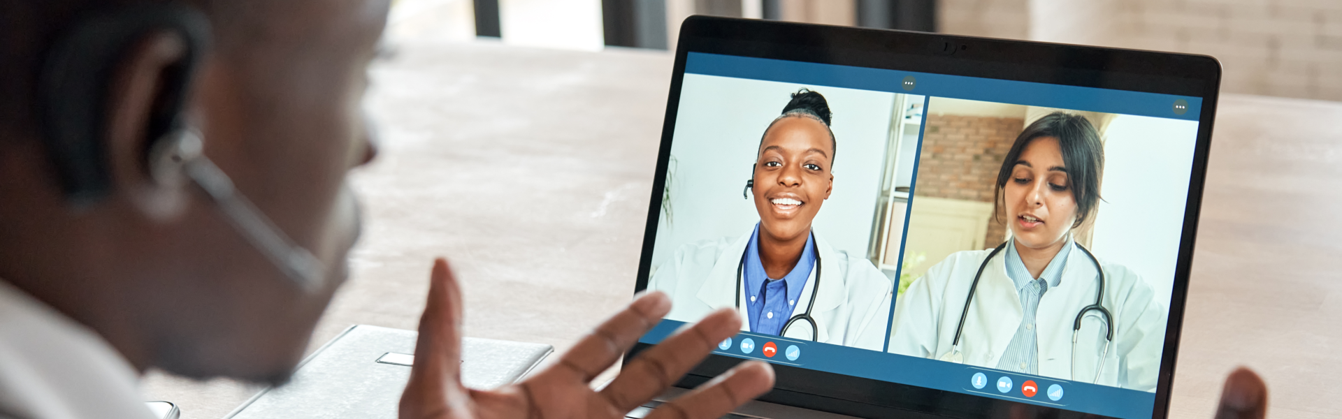 Multicultural doctors team conferencing in video call chat discussing health care learning online during web seminar